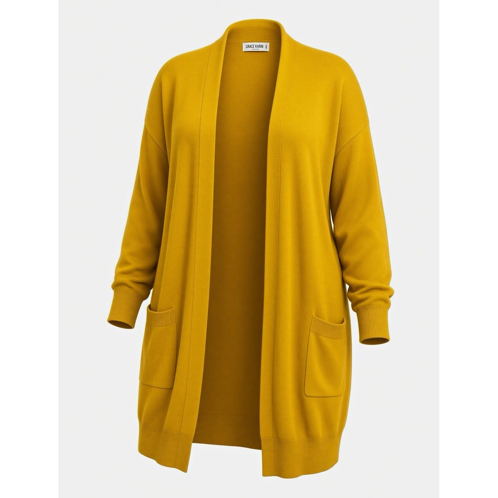 Grace Karin Women's Yellow Open Front Knit Cardigan Sweater Pockets 2XL